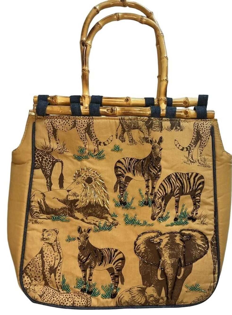 Jade African Safari Animals Tapestry Tote Bag with Bamboo Handles